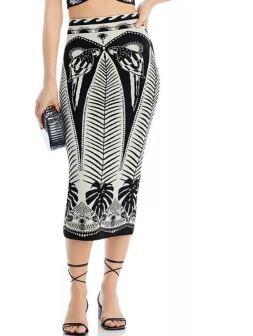 FARM Rio Macaw Elegance Black & White Tropical Midi Skirt